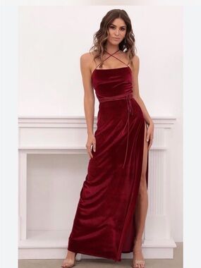 Lucy in the Sky Burgundy Velvet Maxi Dress with Crisscross Straps